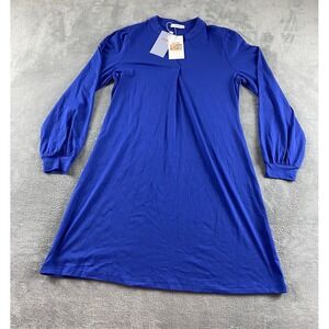 UVN Royal Blue Long Sleeve Shift Dress Split Neck‎ Pleated Front Size S NEW